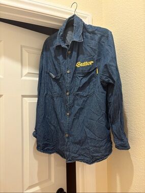 BTS Butter Blue Denim Shirt with Yellow Logo, size XL